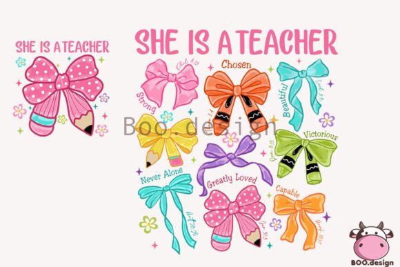 She is a Teacher Bow Crayon PNG: A Faith-Focused Design for Educators